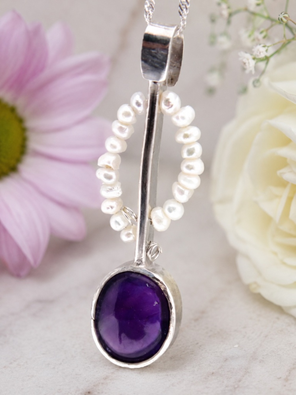 New Natural Amethyst Pearl Pendant Sterling Silver ,February June Birthstones
